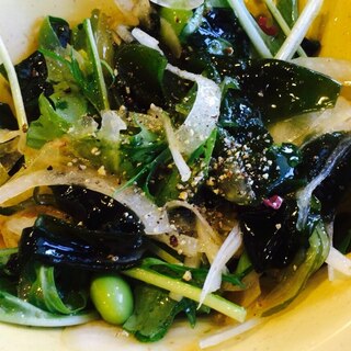 玉ねぎと水菜と枝豆入り海藻サラダ